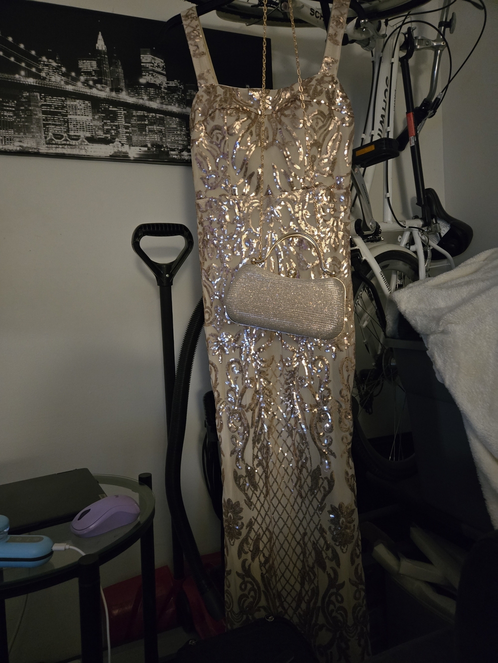 Sequin Embellished Champagne Evening Gown and Purse.